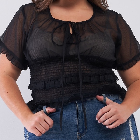Junior plus black frill smock sheer top - Picture 2 of 4
